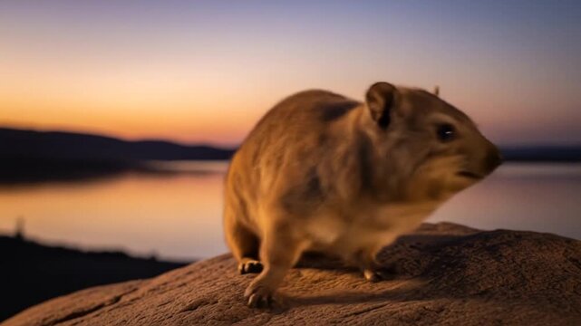 Portrait of a Brown Rock Hyrax on a Sandstone Rock with a Sunset Sky Over a Lake Reflecting Golden and Orange Light during Evening in Nature