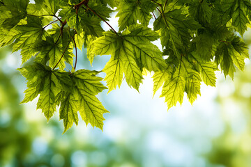 Close up spring green maple leaves with sunlight filtering through branches creating bright yellow green glow soft light texture blurred background vibrant natural scene depth detail.