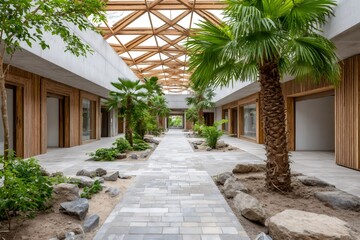 Modern building interior courtyard featuring tropical plants and wooden roof