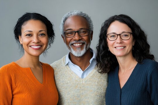 Three smiling adults of diverse backgrounds stand close together, showcasing inclusivity and unity.
