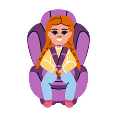 Smiling girl safely sitting in child car seat with seatbelt