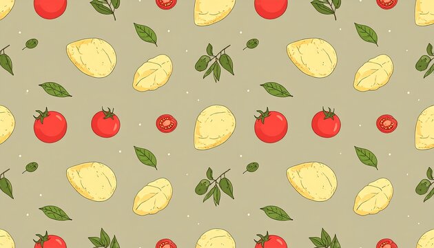 A Seamless Pattern of Pizza Ingredients in a Pastel Color Palette