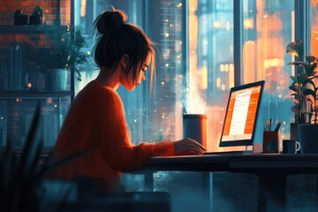 A young woman sits at her desk, working on her computer late at night, a warm drink beside her.