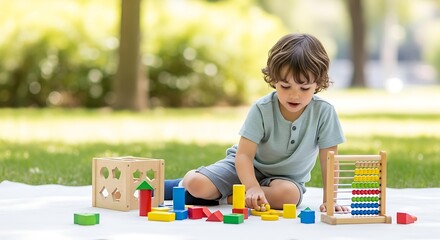 A young boy explores the world of shapes, colors and numbers playing with wooden toys outdoors