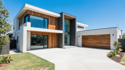 Modern Contemporary House with Large Windows and Wooden Accents on White Exterior