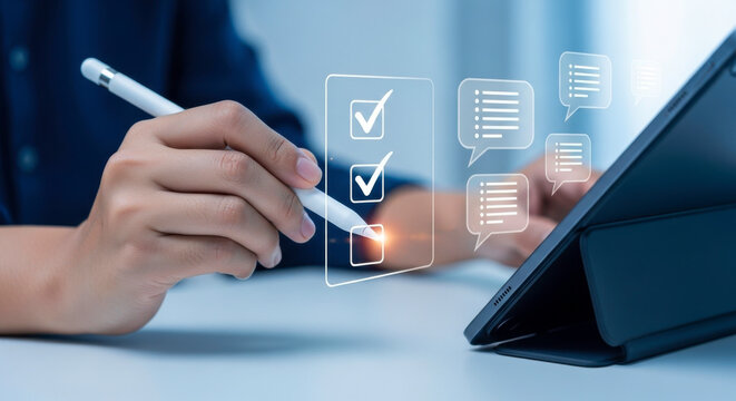 Person using stylus on tablet with checklist and speech bubble graphic overlays