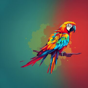 Expressive vector painting of a colorful macaw parrot perched on a branch, with a loose, painterly background and a vibrant palette