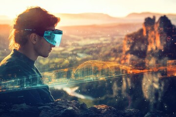 A futuristic man wearing augmented reality glasses overlooks a digital landscape merging with a real mountain vista.