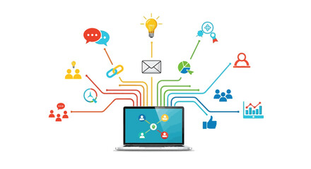 Omnichannel digital marketing concept with a laptop as a central hub for strategy, communication, and online analytics