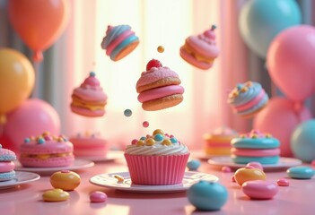 whimsical floating desserts above colorful table settings vibrant candies delightful treats stunning presentation, decoration, celebration, party, display