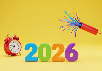 New year 2026 celebration with alarm clock and party popper