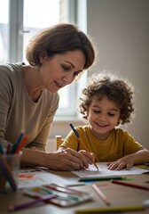 A caring woman patiently guides a young boy as he happily draws and colors with pencils, fostering creativity and learning at home