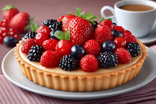 Delicious mixed berry tart with pastry cream filling and coffee