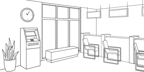 Bank interior graphic black white sketch illustration vector 