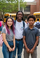 A diverse group of smiling young students stands together outdoors on a sunny day, representing friendship and educational pursuits in a vibrant school environment