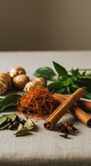 Aromatic Assortment of Spices and Herbs Cinnamon Sticks, Saffron, Cardamom, Star Anise, Basil, and Turmeric Root on a Textured Surface for Culinary Inspiration