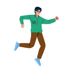 Young man running and jumping with enthusiasm and energy