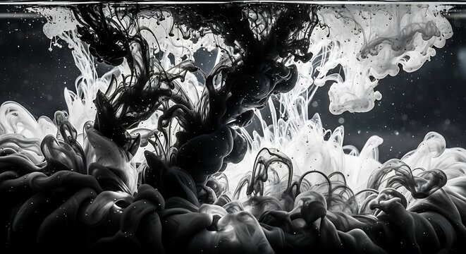 Monochrome ink diffusion creates a swirling abstract effect with smoky texture and fluid dynamics in water