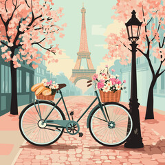 Eiffel Tower View with Floral Bicycle Down a Cobblestone Street