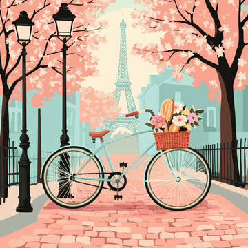 Eiffel Tower View with Floral Bicycle Down a Cobblestone Street