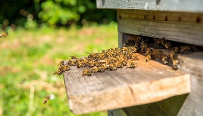 Honeybees cluster on a wooden hive entrance.