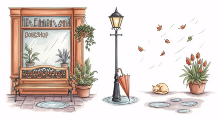 Watercolor Autumn Street Scene Illustration &ndash; Bookshop, Bench, Street Lamp, Umbrella, Falling Leaves, Cat and Plants
