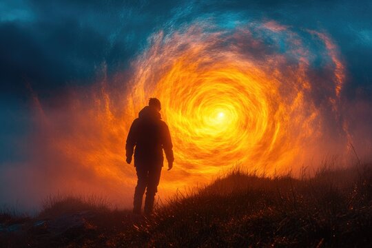 Silhouetted figure walks towards a swirling, fiery vortex in a dramatic, otherworldly landscape.