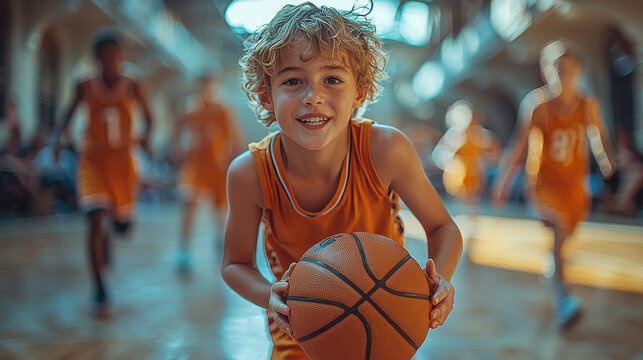 In a brightly lit sports hall, young basketball players, their youthful energy palpable, dribbled and passed a classic orange basketball, their movements fluid and athletic, a testament to the 