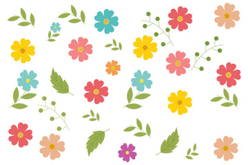 seamless floral pattern with orange, pink, and  yellow flowers and green leaves on white background