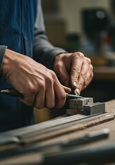 A craftsman's hands diligently work on a project, sharpening a tool with precision and focus in a workshop, showcasing dedication and skill