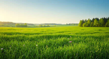 Fototapeta premium Serene Green Field, Sunlight, Trees, Horizon