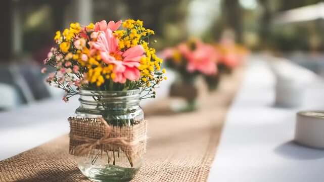 Colorful flowers in mason jar, rustic decor
