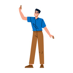 Young man waving hand and smiling happily