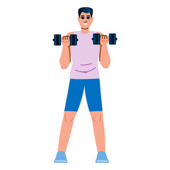 Young man lifting weights and exercising biceps with dumbbells