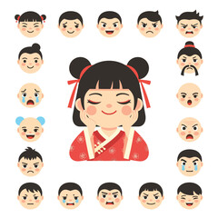 Bring charm to your designs! Flat design vector of a relaxed little Chinese girl cartoon with emoticons—happy, sad, angry, surprised—for digital projects.