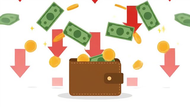 Wallet filled with falling money and red arrows, depicting financial loss, investment risk, and decreasing profits on a white background with small gold stars.