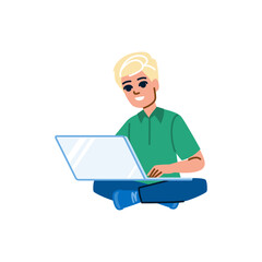 Blond young man working on laptop sitting cross legged
