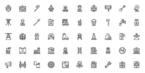 Firefighter icon set. Vector illustration. Emergency and fire safety symbols. Includes helmet, hydrant, axe, hose, truck, extinguisher, alarm, ladder, and more. Editable stroke.