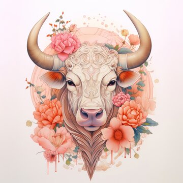Artistic watercolor illustration of a bull's head with decorative patterns and lush floral arrangement