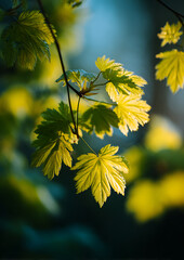 Close up spring green maple leaves with sunlight filtering through branches creating bright yellow green glow soft light texture blurred background vibrant natural scene depth detail.
