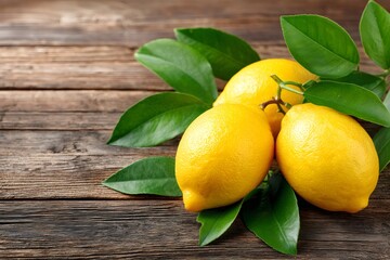 Freshly picked lemons resting on rustic wooden table