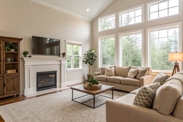 Fototapeta premium Bright and Airy Living Room with Beige Sofa and Fireplace
