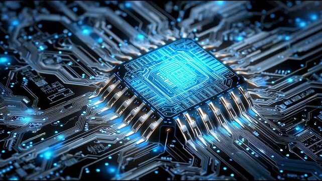 Glowing Blue Central Processing Unit on Circuit Board