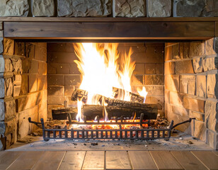 A cozy fireplace with a warm, burning fire. A comfortable and relaxing home interior scene for winter, Christmas, and holiday concepts. A background of comfort and warmth. Generative AI