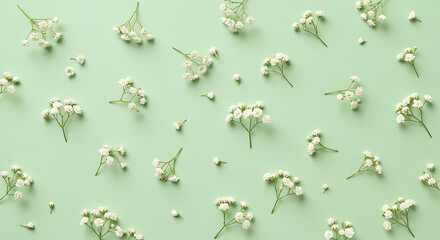 Pastel Green Background with Small White Flowers Flat Lay
