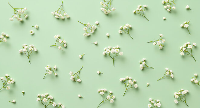 Pastel Green Background with Small White Flowers Flat Lay