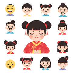 Modern flat vector of a relaxed Chinese girl cartoon with emoticons—happy, sad, angry, surprised. Perfect asset for apps, web, and creative projects. 