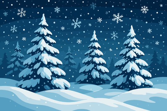 Christmas winter night landscape with fir trees and snowdrifts. Snowy forest scene with falling snowflakes. Winter wonderland background. Modern flat cartoon vector illustration. - Powered by Adobe