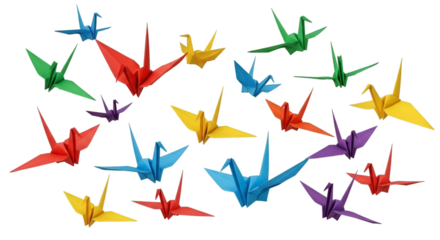 Sharp PNG of colorful origami paper cranes flying in the air on a white background.
