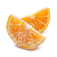 Two frozen orange slices, frosty texture
